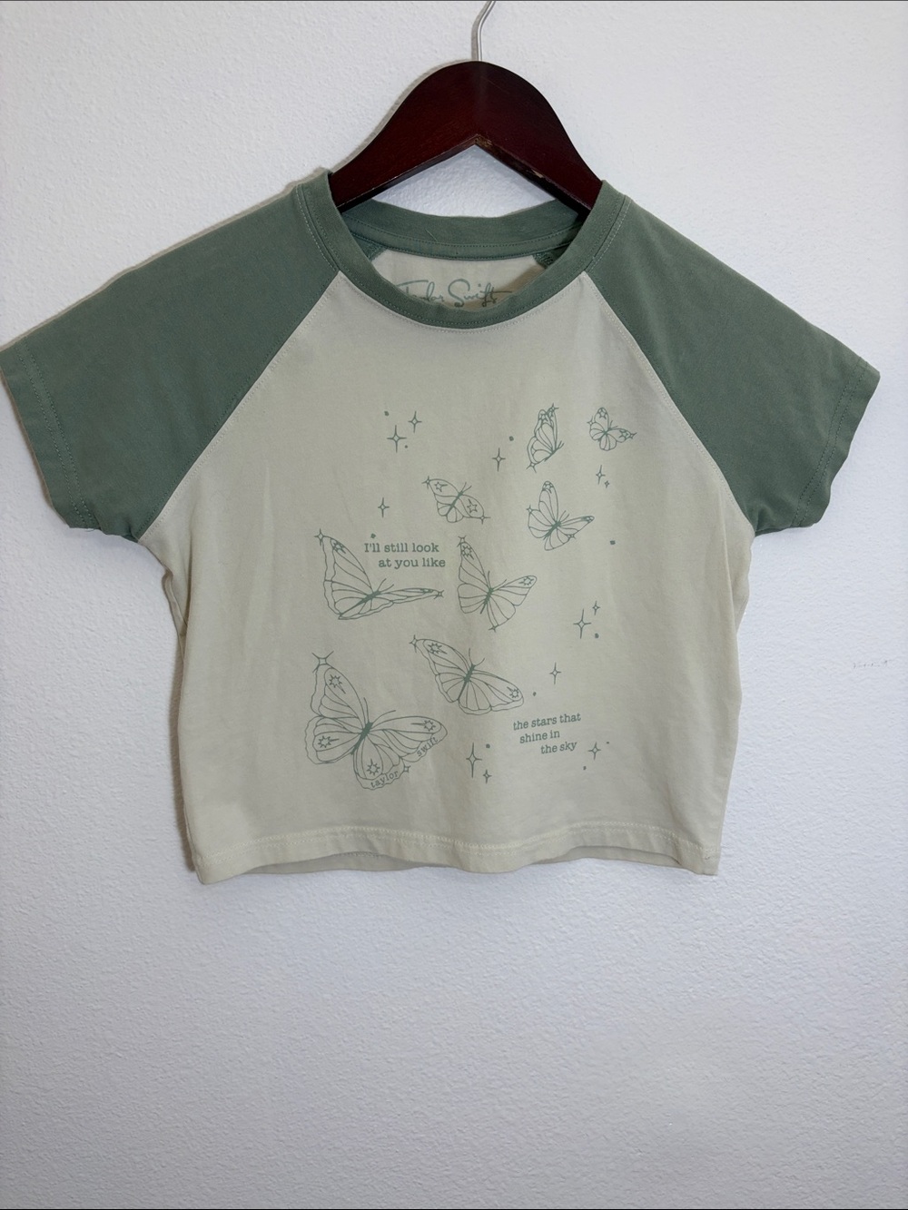 Taylor Swift Green Cream Butterfly Cropped Cotton Blend Tee